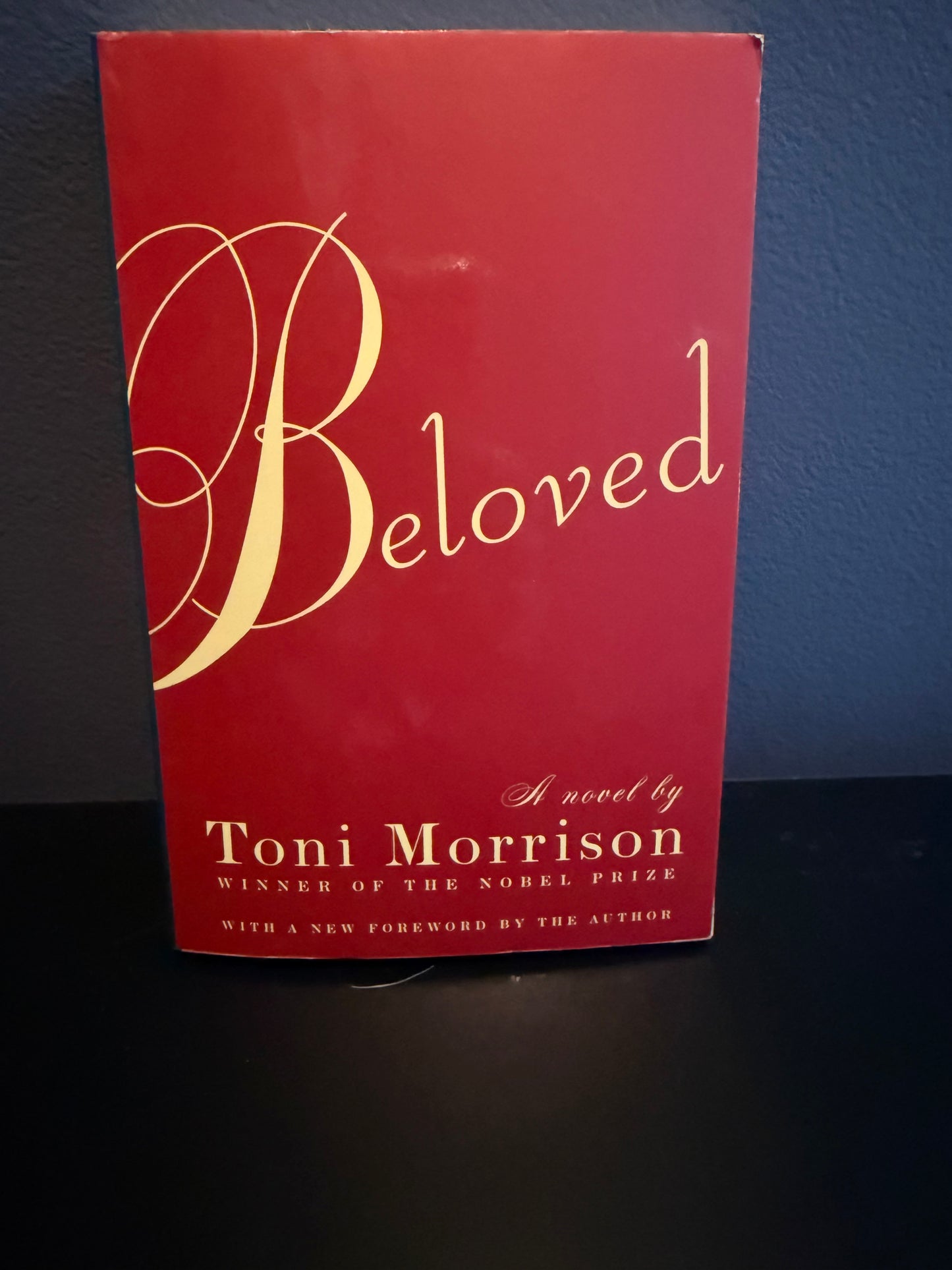 Red book titled 'Beloved' by Toni Morrison on a dark surface