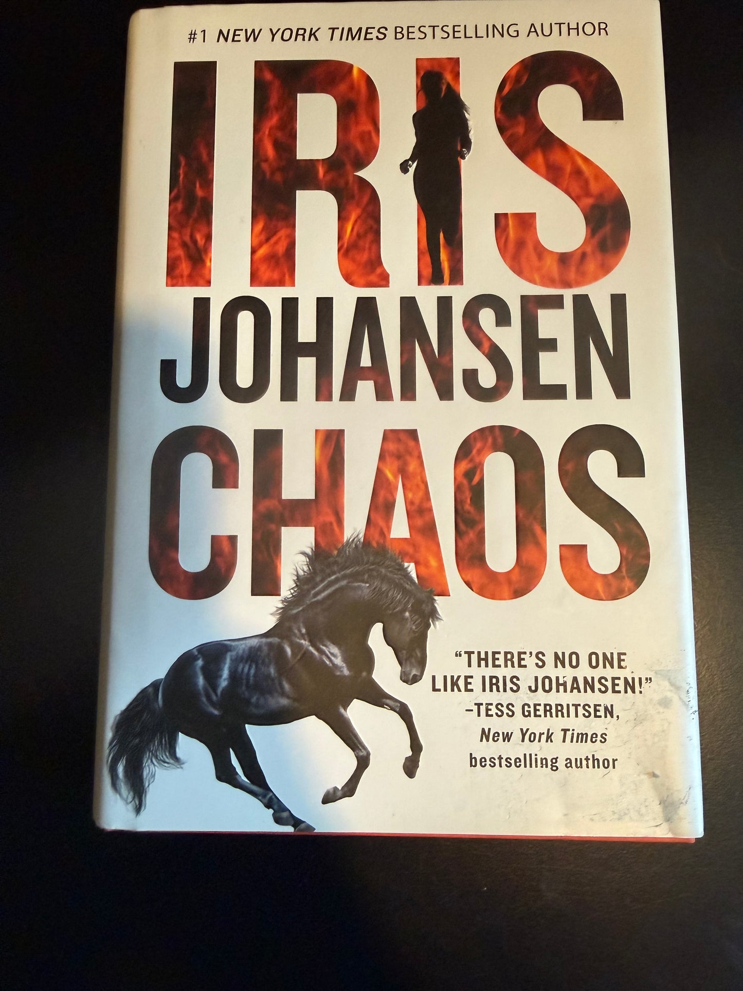 Book titled 'Chaos' by Iris Johansen with a horse illustration on a dark background