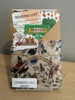 Packaged product with a floral design on a wooden surface