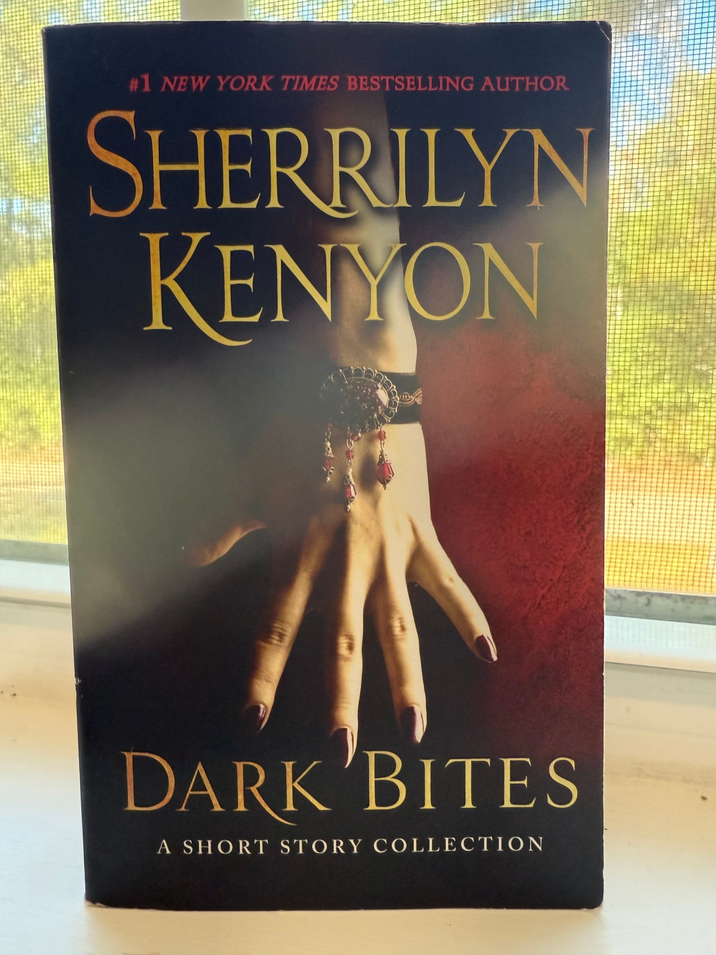 Book titled 'Dark Bites' by Sherrilyn Kenyon on a surface with a window in the background