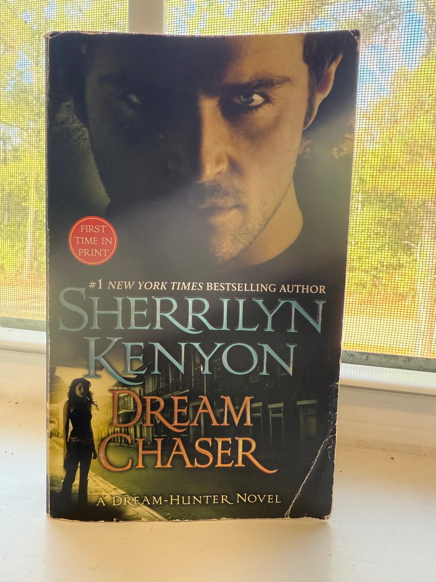 Book titled 'Dream Chaser' by Sherrilyn Kenyon on a surface with a window in the background