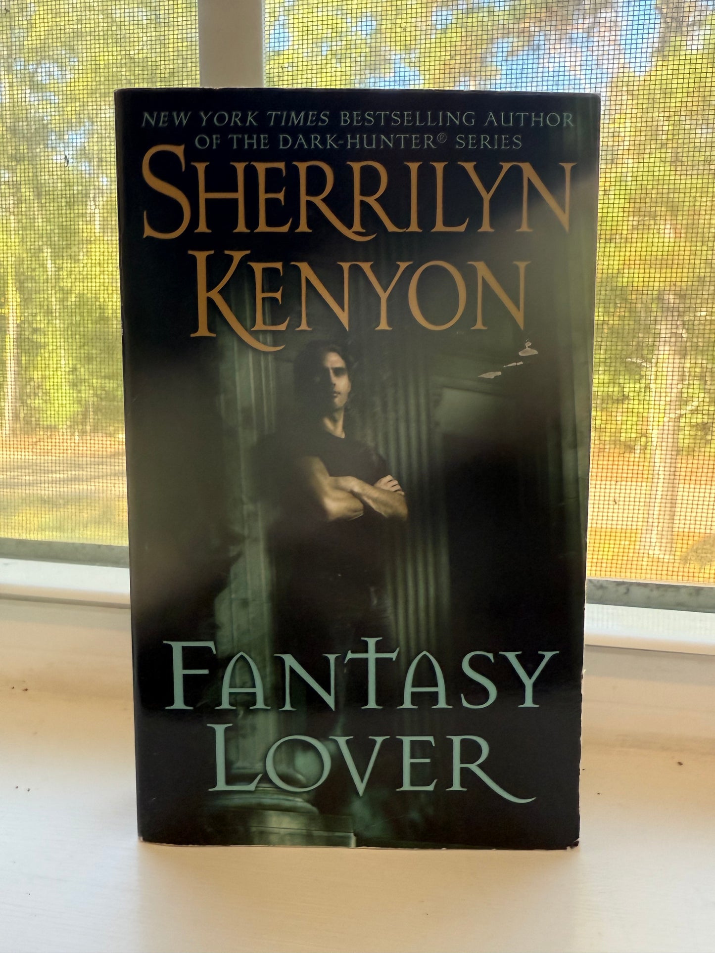Book titled 'Fantasy Lover' by Sherrilyn Kenyon on a surface with a window in the background.