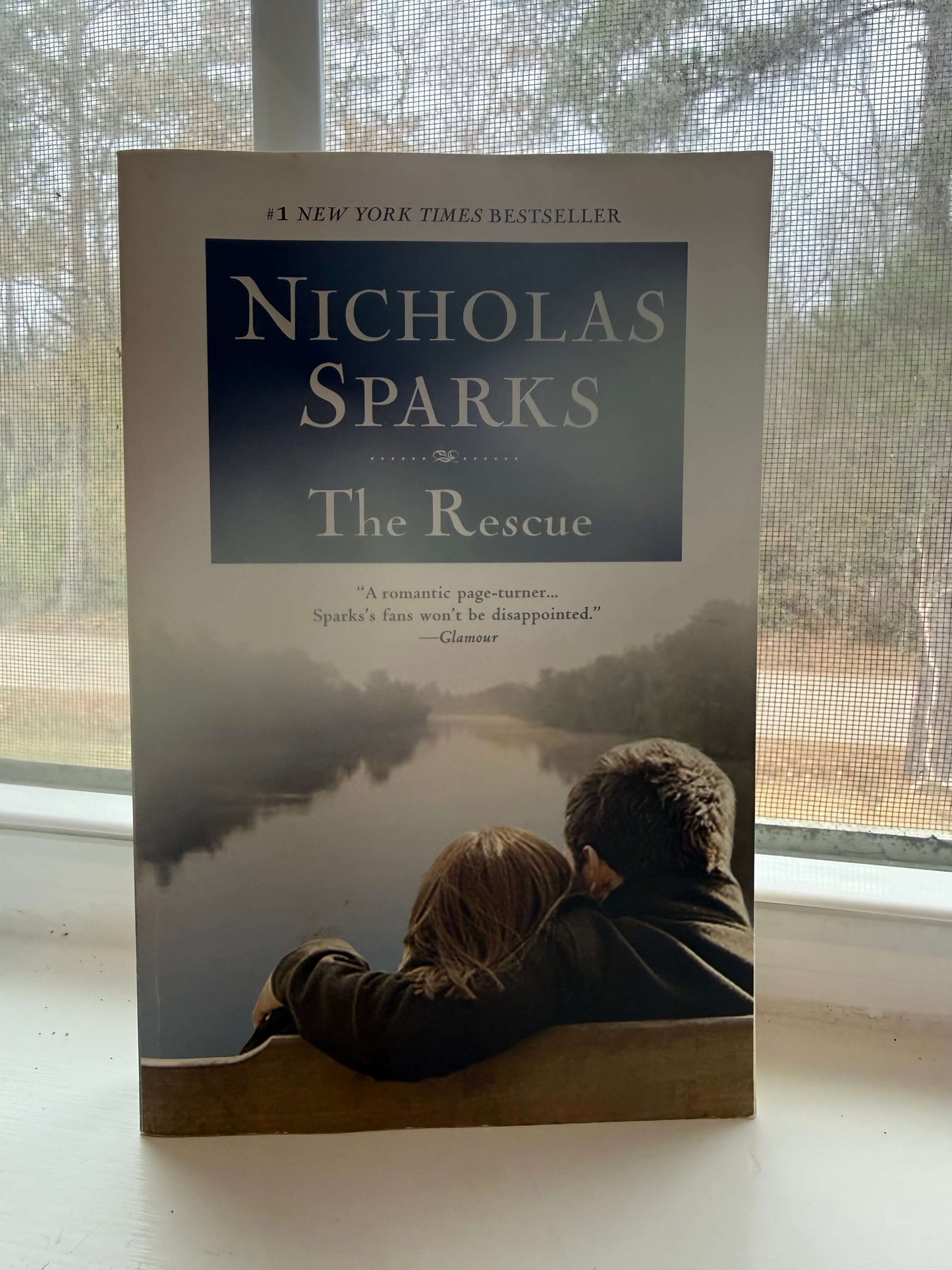 Book titled 'The Rescue' by Nicholas Sparks on a surface with a window in the background