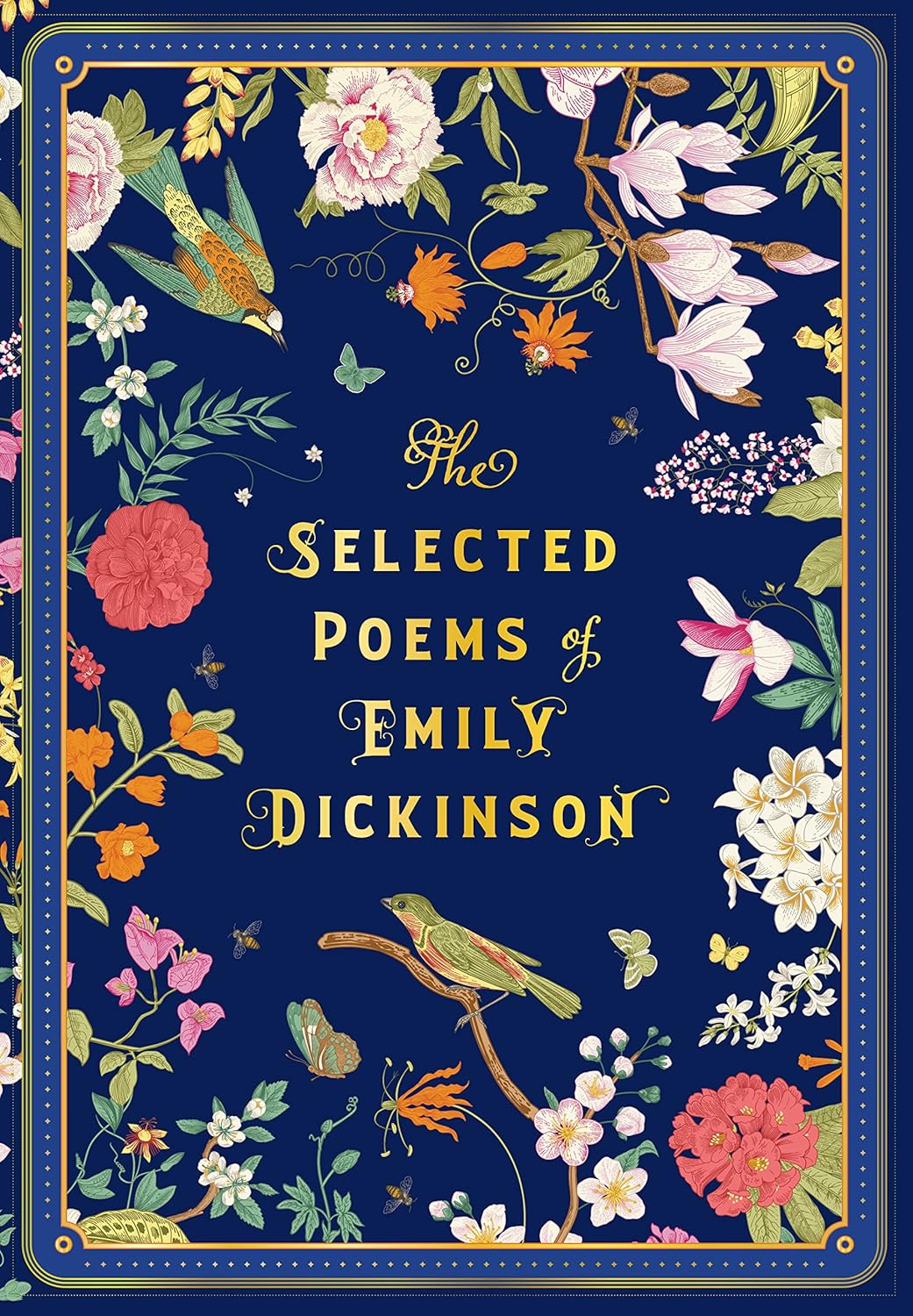 Book cover of 'The Selected Poems of Emily Dickinson' with floral design on a dark blue background