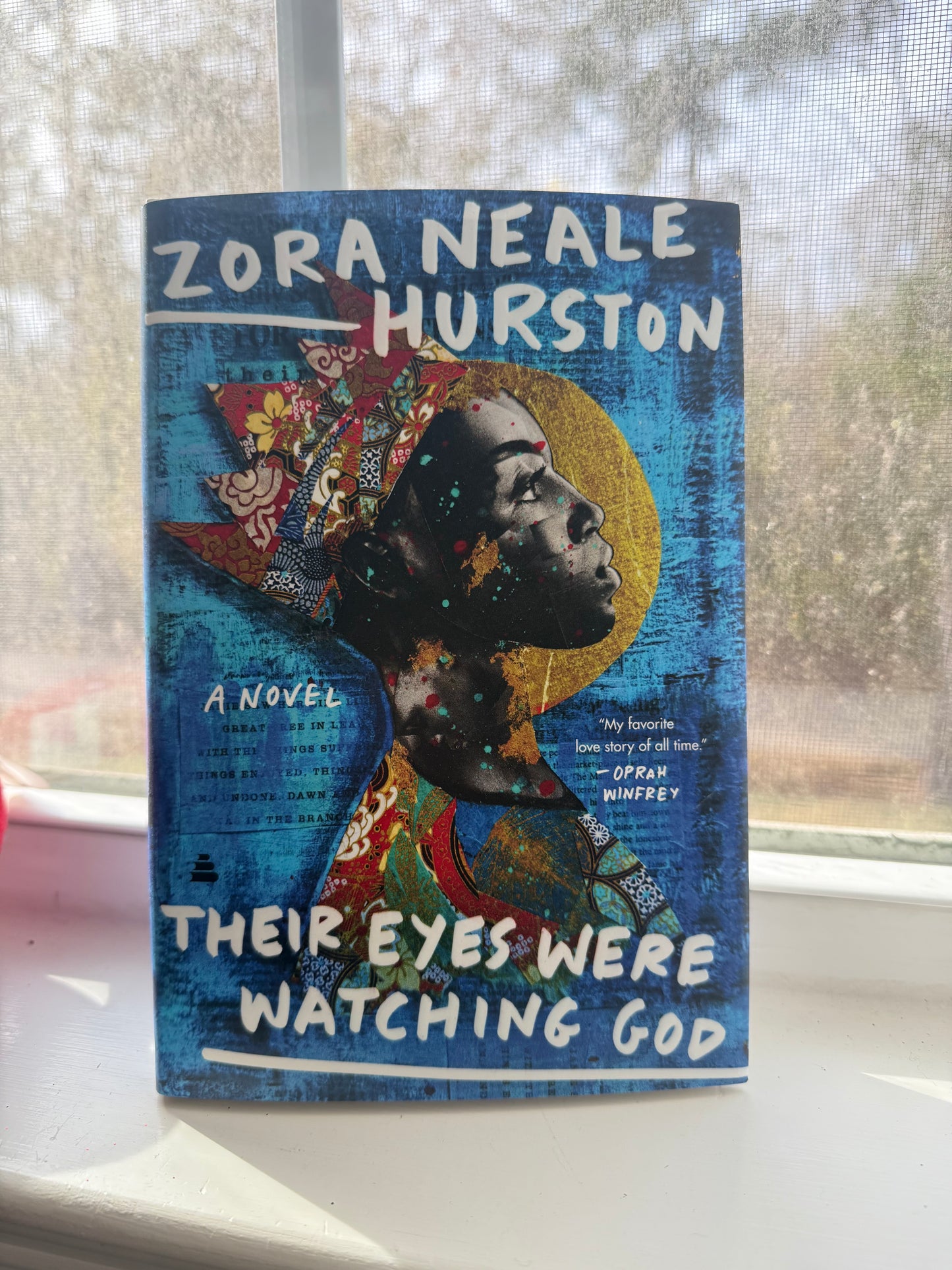 A book titled 'Their Eyes Were Watching God' by Zora Neale Hurston, displayed on a surface with a window in the background.