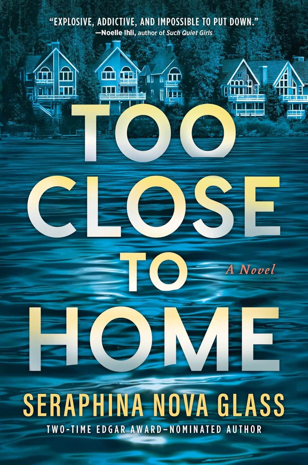 Book with houses and lake water