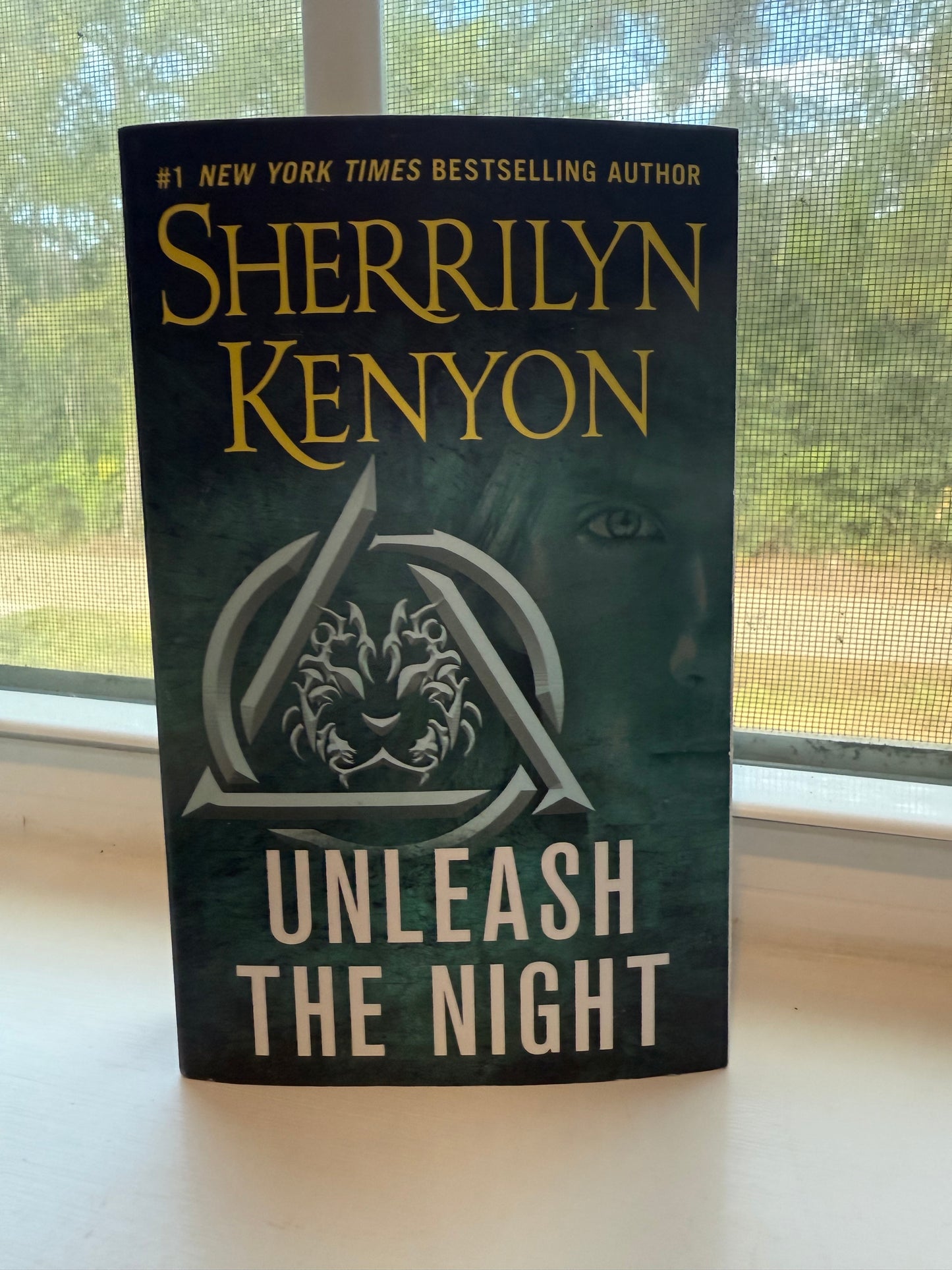 Book titled 'Unleash the Night' by Sherilyn Kenyon on a surface with a window in the background.