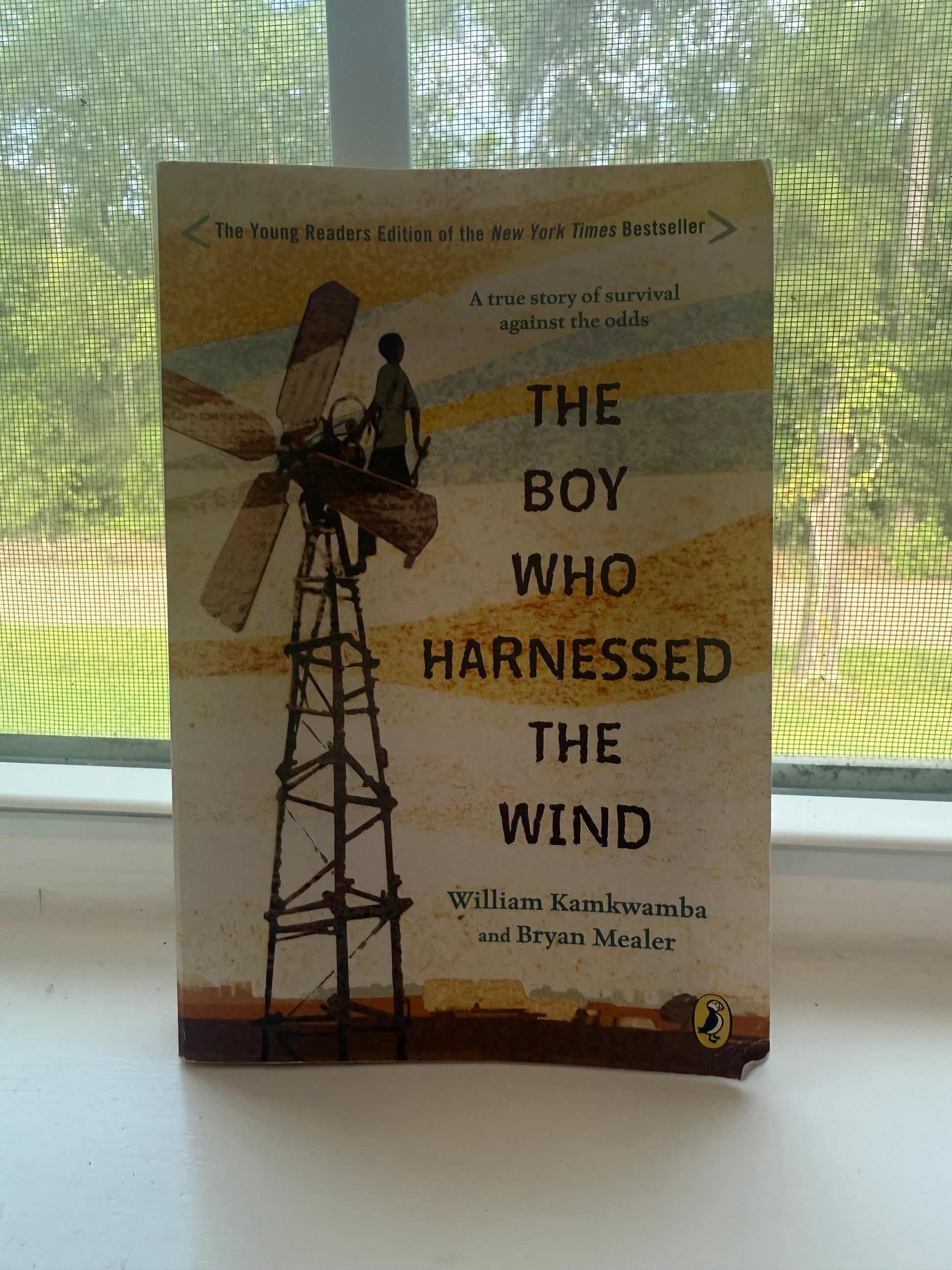 Book titled 'The Boy Who Harnessed the Wind' on a surface with a window in the background