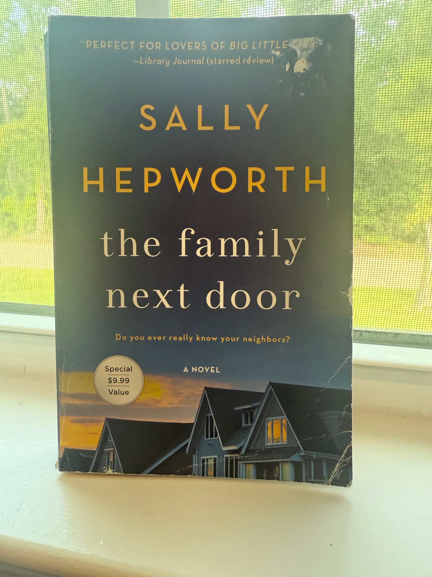Book titled 'The Family Next Door' by Sally Hepworth on a surface with a window in the background.
