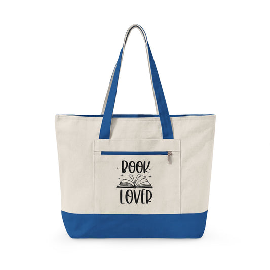 Book Lover Zippered Canvas Tote Bag — Large Canvas Tote with Front Pocket