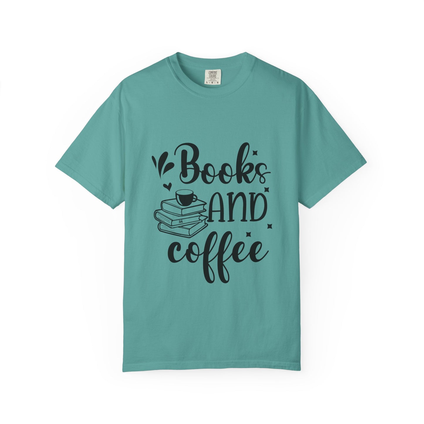 Teal t-shirt with 'Books and Coffee' text design on a white background