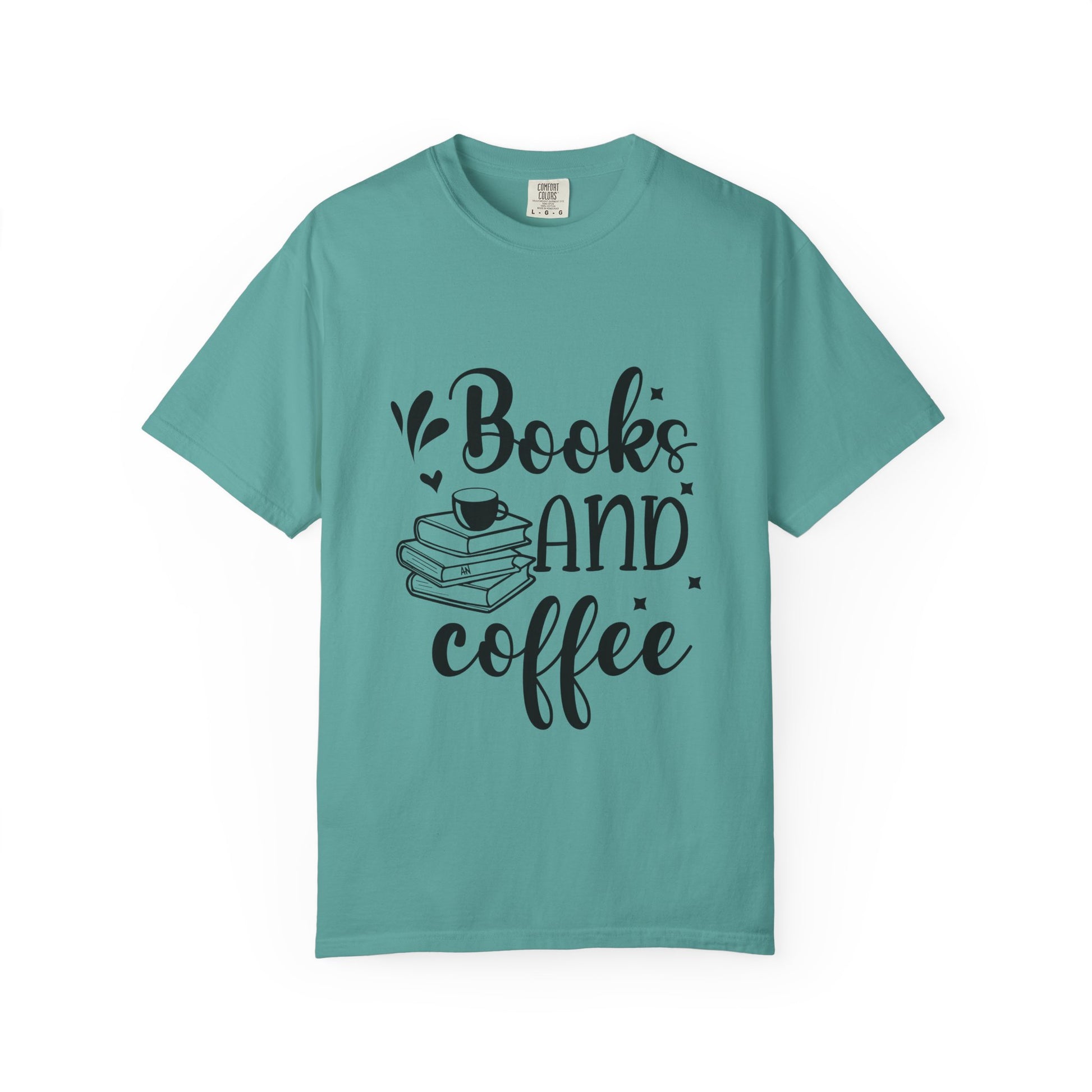 Teal t-shirt with 'Books and Coffee' text design on a white background
