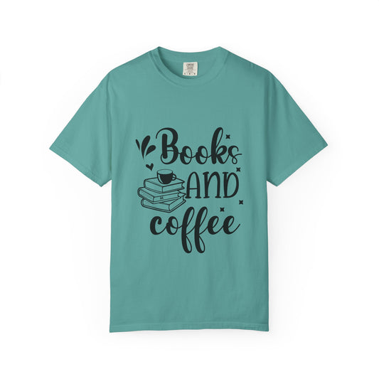 Teal t-shirt with 'Books and Coffee' text design on a white background