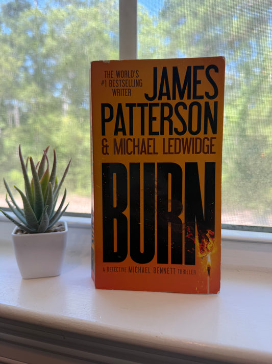 Book titled 'Buried' by James Patterson and Michael Ledwidge on a windowsill with a plant in the foreground.