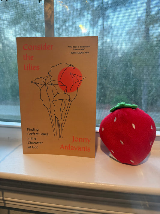 A book titled 'Consider the Lillies' by Jonny Ardavanis is placed in front of a window, with a strawberry-shaped stress ball to the right of it. The book has a beige cover with a drawing of a red lily.