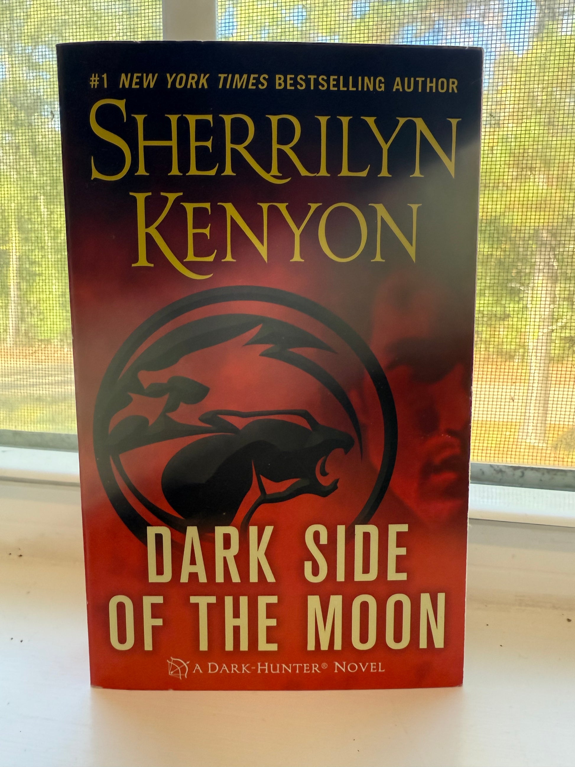 Book titled 'Dark Side of the Moon' by Sherrilyn Kenyon on a window pane.