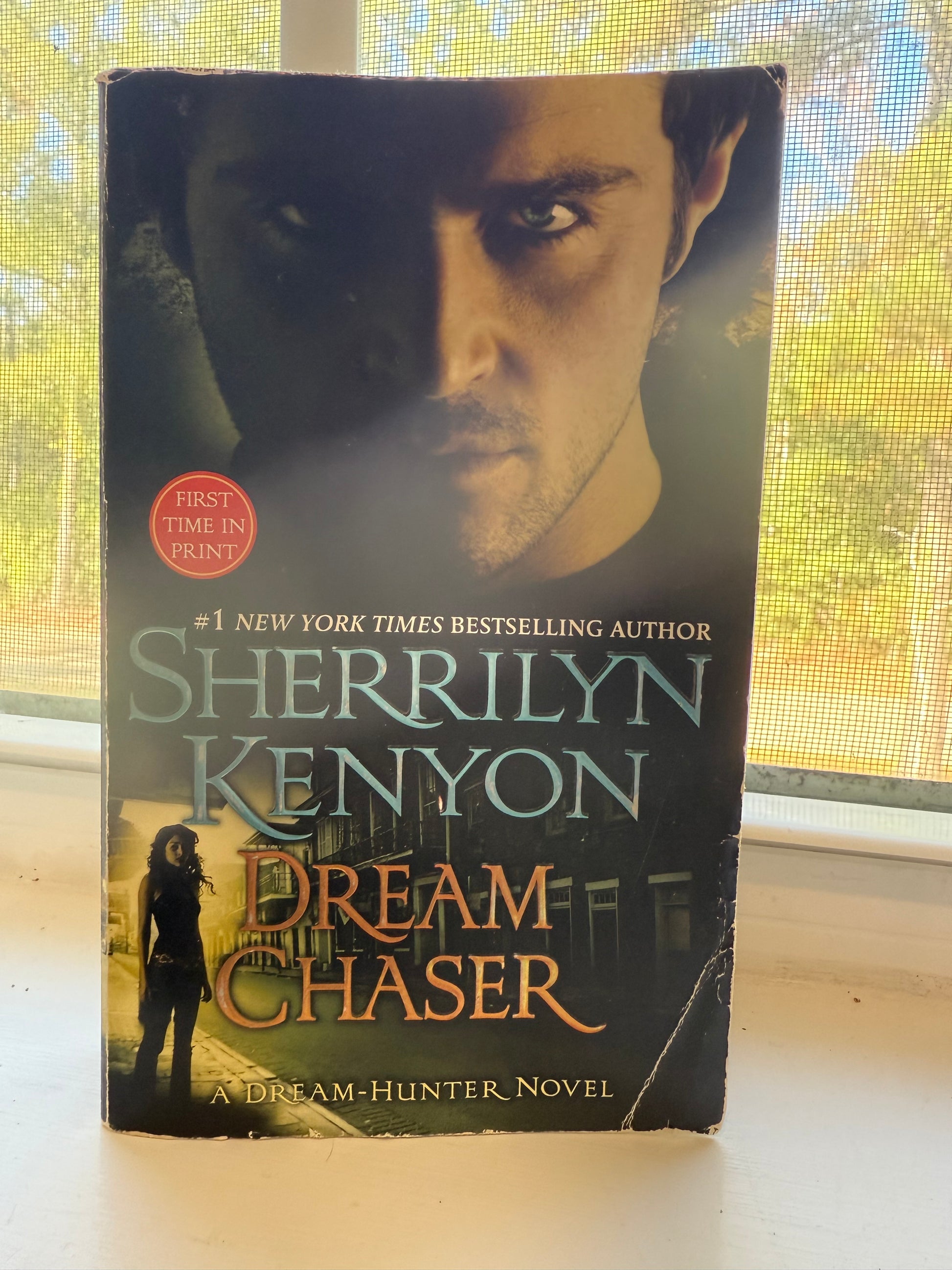 Book titled 'Dream Chaser' by Sherrilyn Kenyon on a surface with a window in the background