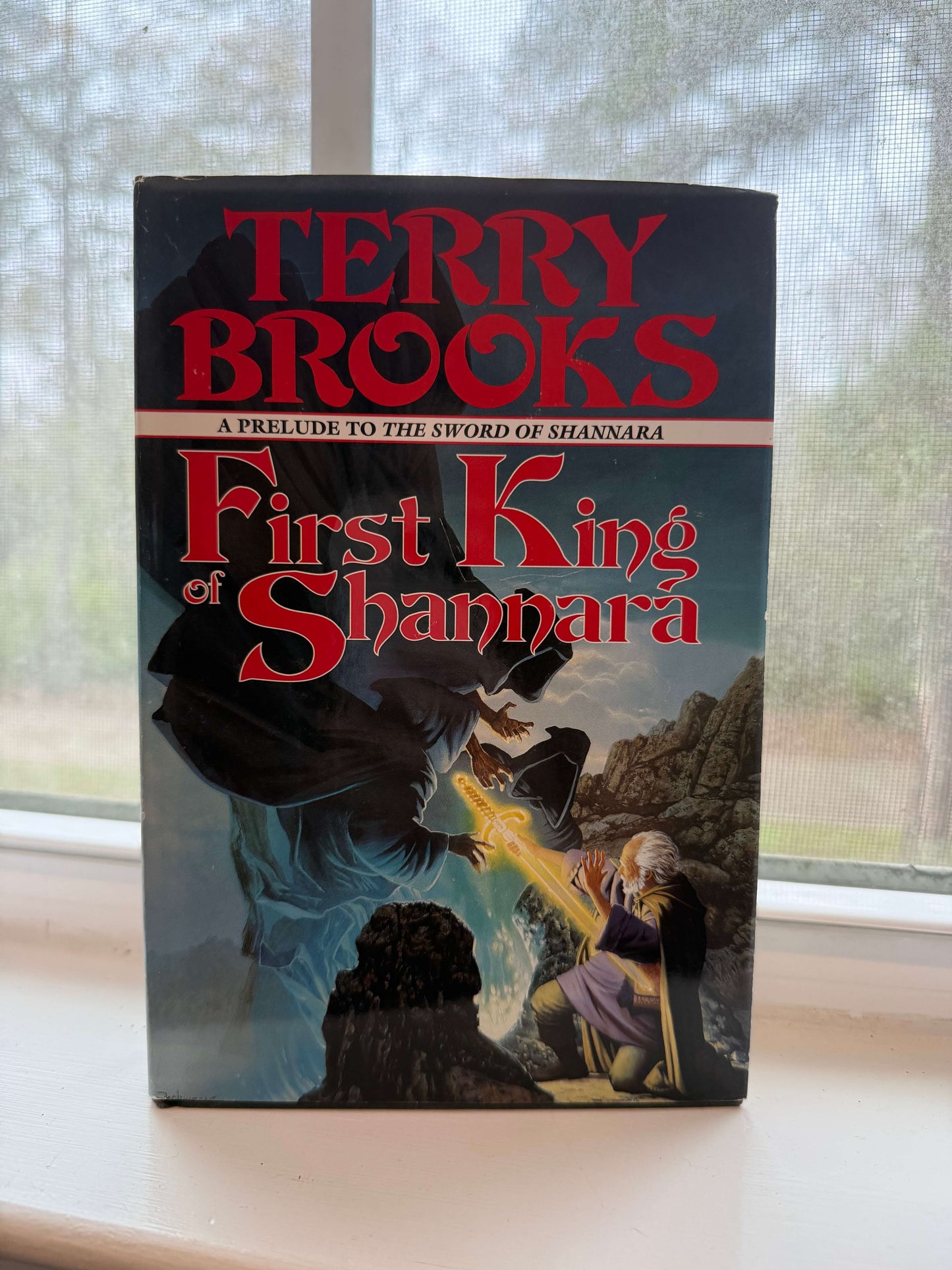 Book titled 'First King of Shannara' by Terry Brooks on a windowsill.