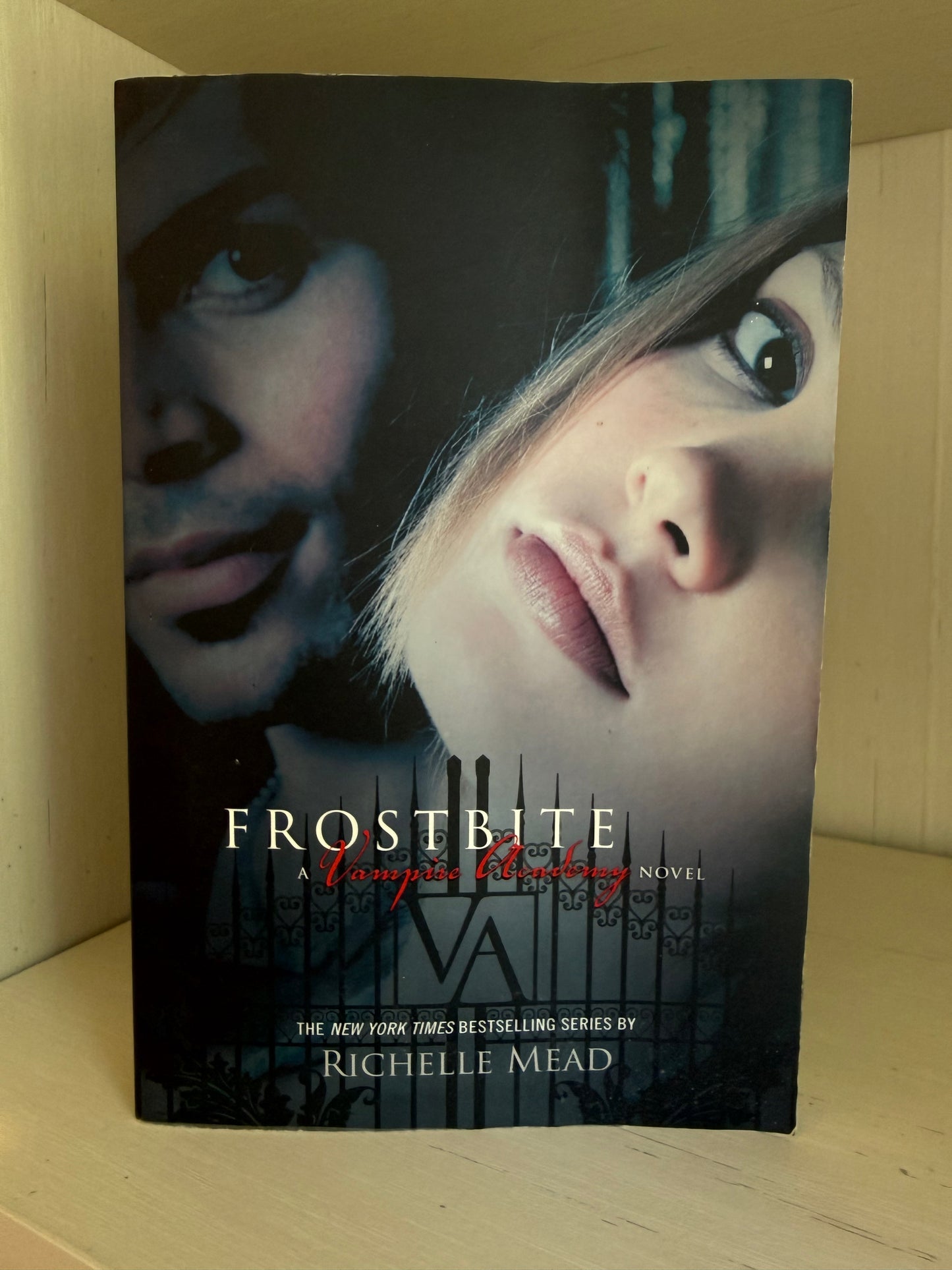 Frostbite: A Vampire Hunting Novel book by Richelle Mead, standing upright on a light wood surface.