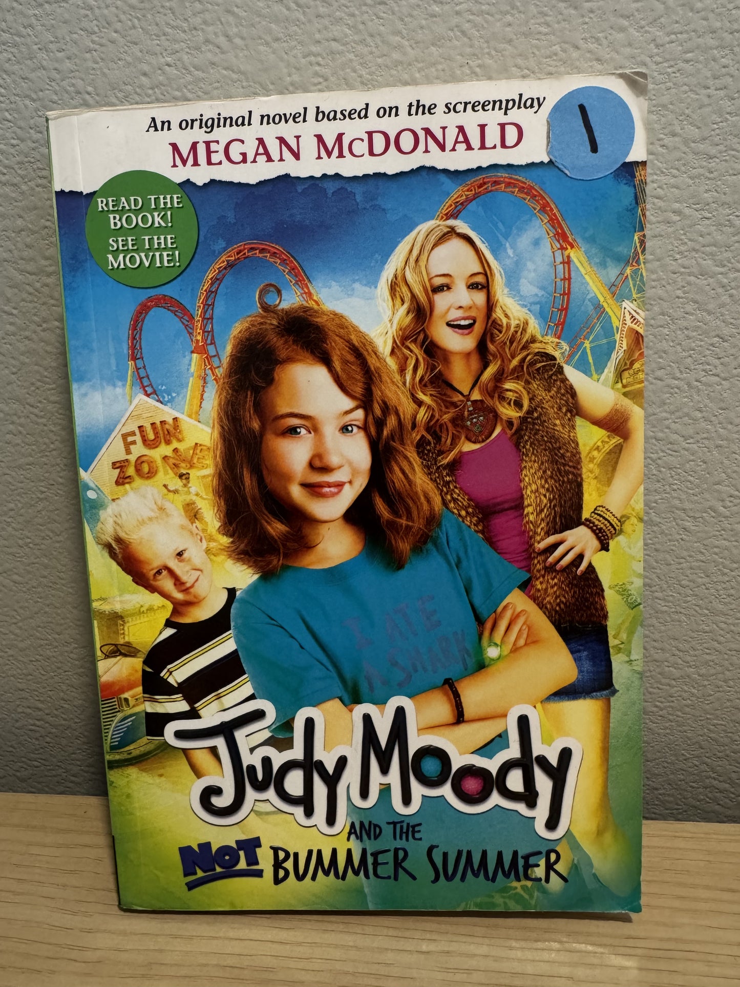 Judy Moody and the Not Bummer Summer book by Megan McDonald, featuring colorful cover art with characters and an amusement park theme, photographed standing on a wooden surface against a gray wall.