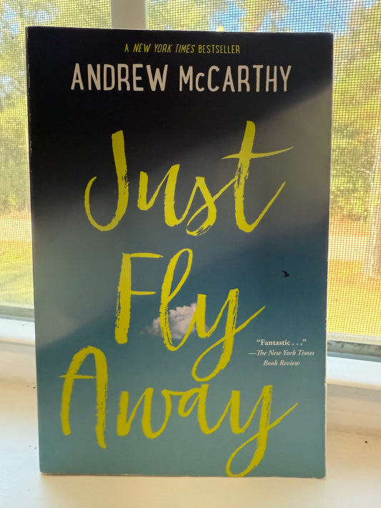 Book titled 'Just Fly Away' by Andrew McCarthy on a black background