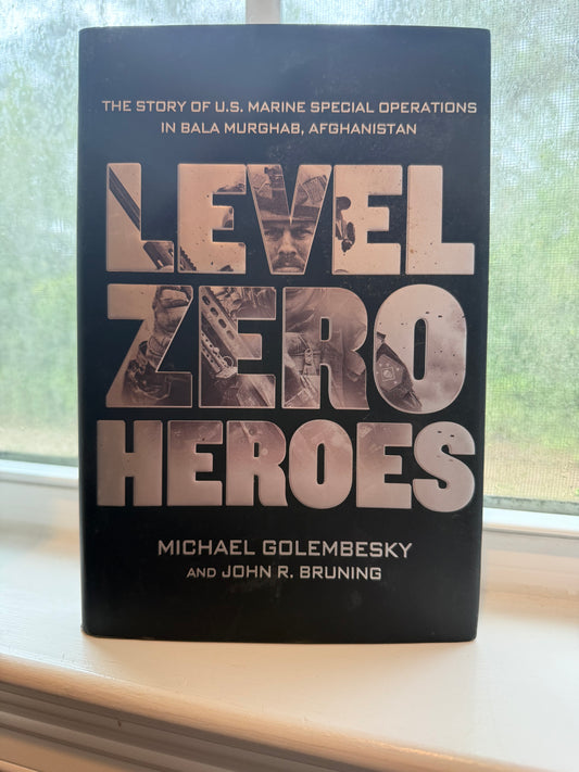 Book titled 'Never Zero Heroes' by Michael Golembesky and John R. Bruning on a surface with a window in the background.