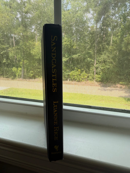 Book titled 'Sandcastles' by Luanne Rice on a window sill with a view of trees outside.