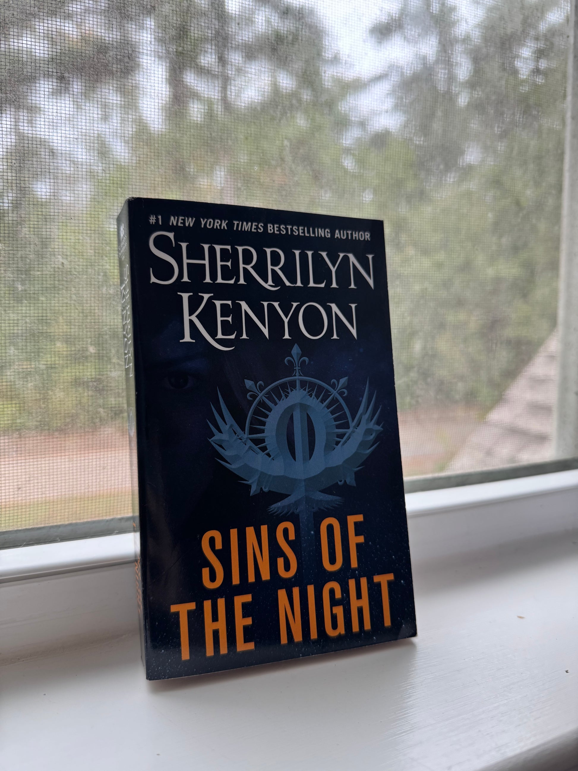 Book titled 'Sins of the Night' by Sherrilyn Kenyon on a surface with a blurred outdoor background