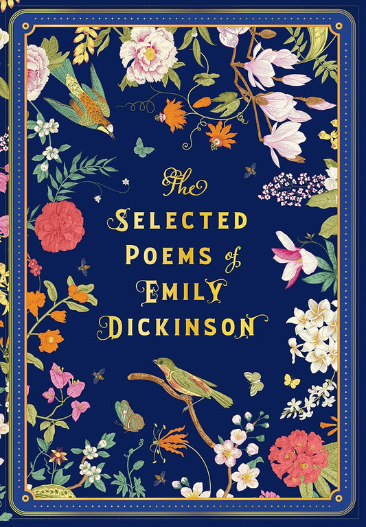Book cover of 'The Selected Poems of Emily Dickinson' with floral design on a dark blue background