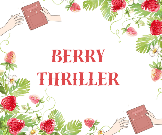 Book cover with hands holding books and strawberries, titled 'Berry Thriller'.