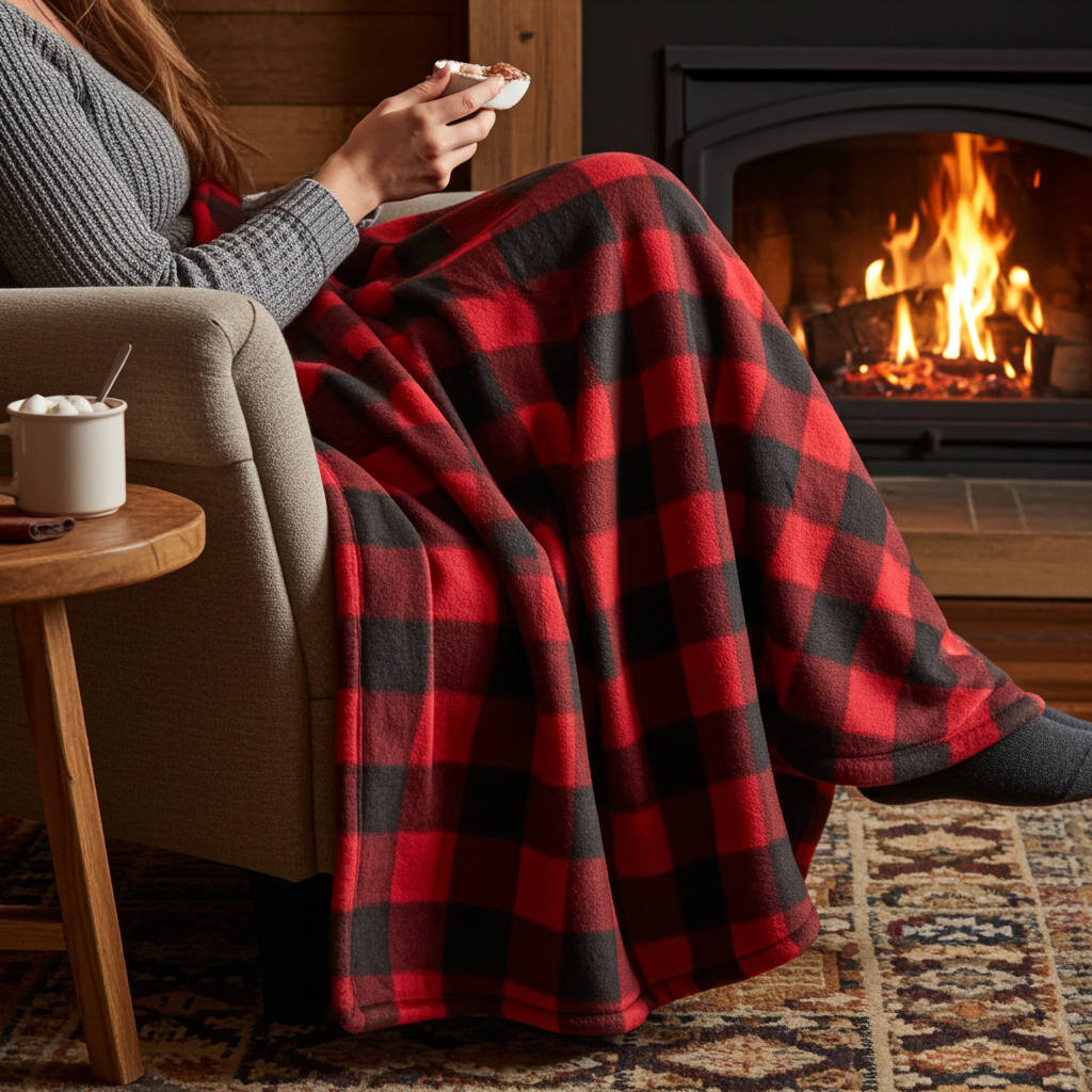 Person sitting on a couch with a red and black checkered blanket, holding a mug in front of a fireplace.